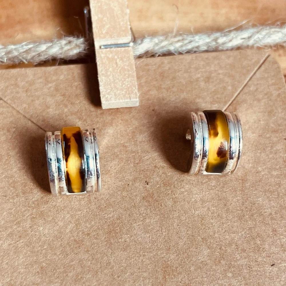 Lauren Ralph Lauren Silver and Brown Tortoise Huggie Earrings